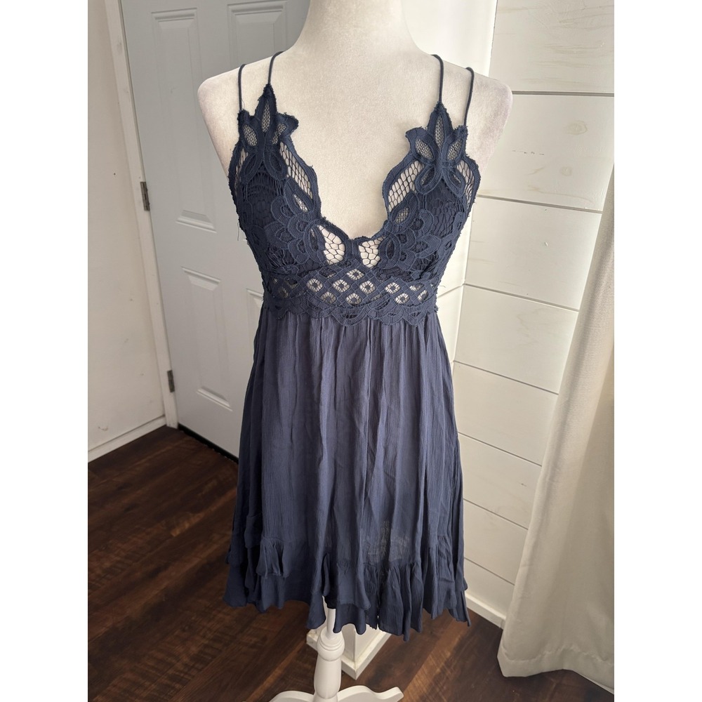Free People Dress Womens Small Blue Crochet Lace Slip Ruffle Boho Fairy Festival